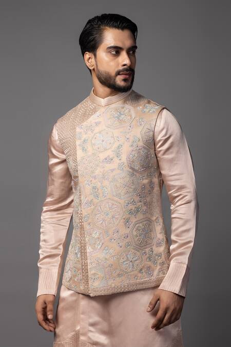 Buy_PAARSH_Pink Linen, Satin Sequins, Cut Work, Geometric Butterfly Embroidered Bundi Set _Online_at_Aza_Fashions