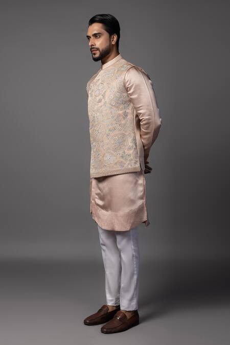 Shop_PAARSH_Pink Linen, Satin Sequins, Cut Work, Geometric Butterfly Embroidered Bundi Set _Online_at_Aza_Fashions
