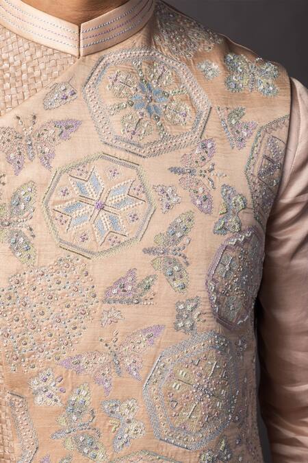 PAARSH_Pink Linen, Satin Sequins, Cut Work, Geometric Butterfly Embroidered Bundi Set _at_Aza_Fashions