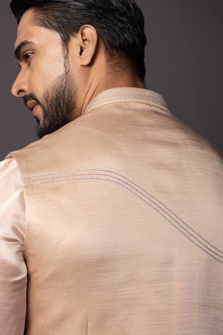 Shop_PAARSH_Pink Linen, Satin Sequins, Cut Work, Geometric Butterfly Embroidered Bundi Set 