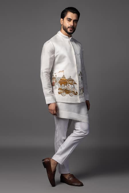 Buy_PAARSH_White Linen, Satin Sequins, Diamonds Embroidered Bundi Asymmetric Kurta Set _Online_at_Aza_Fashions