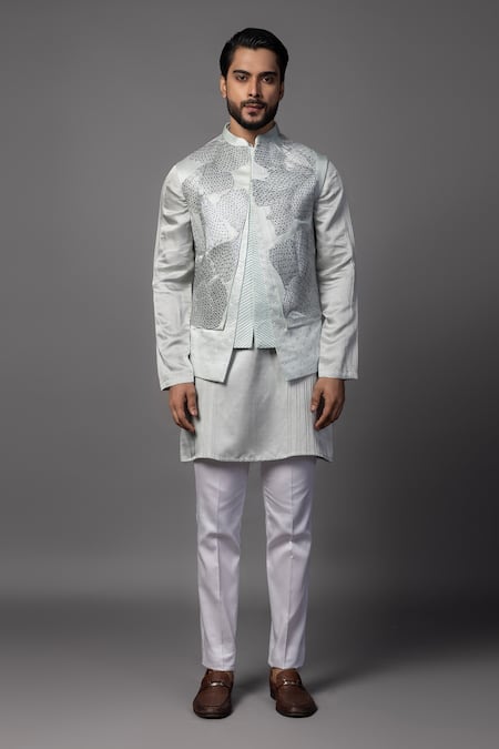 PAARSH Blue Linen, Satin Embroidery Petals Chid Bundi Kurta Set Online at Aza Fashions PAARSH_Blue Linen, Satin Embroidery Petals Chid Bundi Kurta Set _Online_at_Aza_Fashions