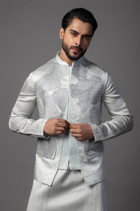 Buy PAARSH Blue Linen, Satin Embroidery Petals Chid Bundi Kurta Set Online at Aza Fashions Buy_PAARSH_Blue Linen, Satin Embroidery Petals Chid Bundi Kurta Set _Online_at_Aza_Fashions