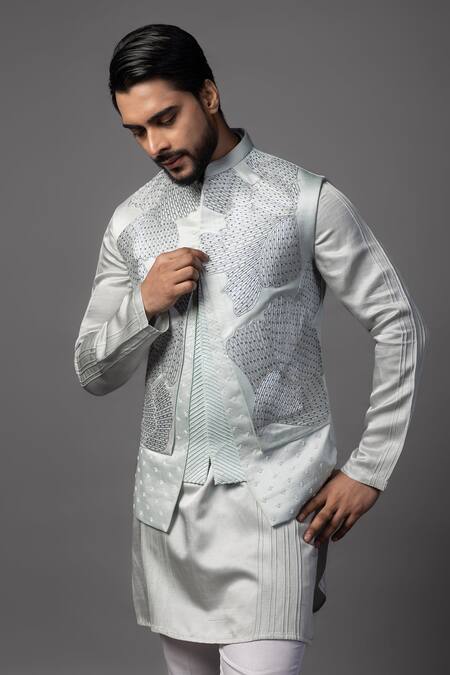 Shop PAARSH Blue Linen, Satin Embroidery Petals Chid Bundi Kurta Set Online at Aza Fashions Shop_PAARSH_Blue Linen, Satin Embroidery Petals Chid Bundi Kurta Set _Online_at_Aza_Fashions