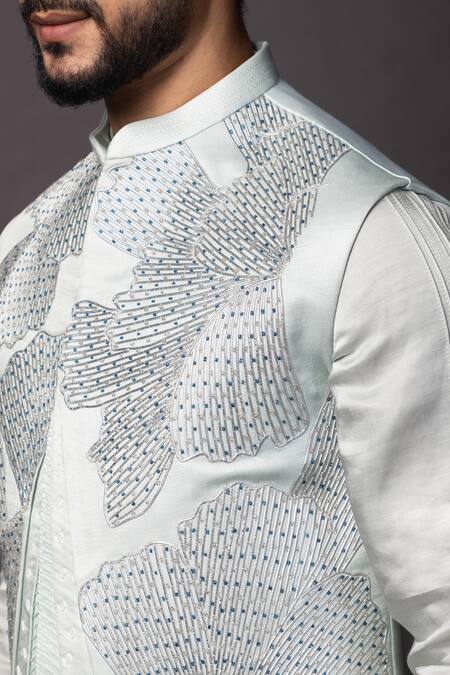 PAARSH Blue Linen, Satin Embroidery Petals Chid Bundi Kurta Set at Aza Fashions PAARSH_Blue Linen, Satin Embroidery Petals Chid Bundi Kurta Set _at_Aza_Fashions