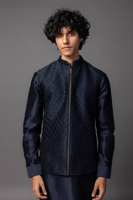 PAARSH_Blue Chanderi Embroidery Quilted Bundi Kurta Set _Online_at_Aza_Fashions