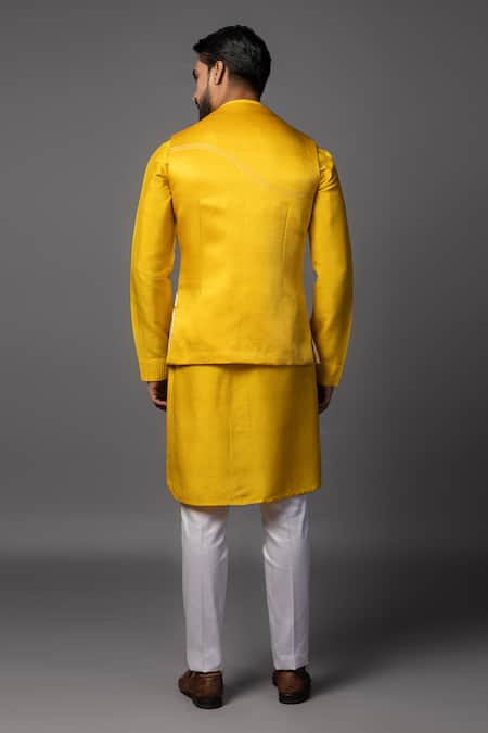 PAARSH Yellow Dabka Embroidered Bundi Kurta Set 