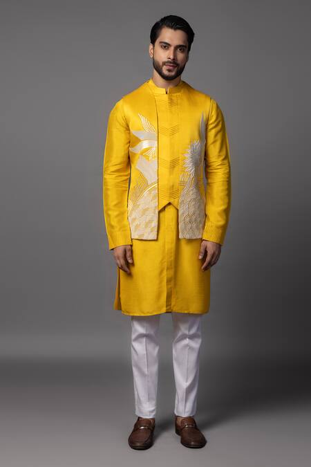 PAARSH Yellow Linen, Satin Pearls, Sequins, Embroidery Dabka Bundi Kurta Set Online at Aza Fashions PAARSH_Yellow Linen, Satin Pearls, Sequins, Embroidery Dabka Bundi Kurta Set _Online_at_Aza_Fashions
