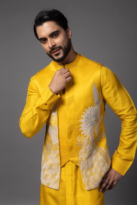 Buy PAARSH Yellow Linen, Satin Pearls, Sequins, Embroidery Dabka Bundi Kurta Set Online at Aza Fashions Buy_PAARSH_Yellow Linen, Satin Pearls, Sequins, Embroidery Dabka Bundi Kurta Set _Online_at_Aza_Fashions