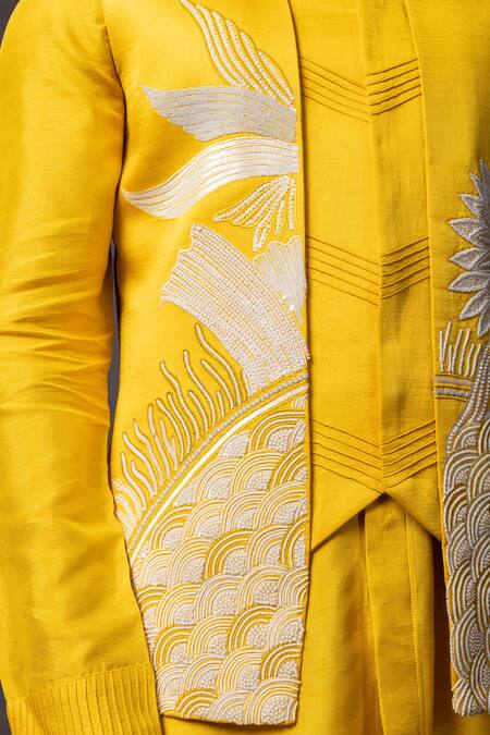 Shop PAARSH Yellow Linen, Satin Pearls, Sequins, Embroidery Dabka Bundi Kurta Set Online at Aza Fashions Shop_PAARSH_Yellow Linen, Satin Pearls, Sequins, Embroidery Dabka Bundi Kurta Set _Online_at_Aza_Fashions