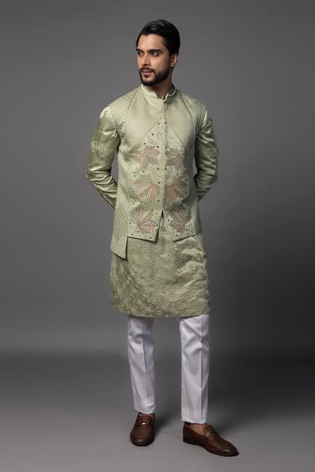 PAARSH_Green Linen, Satin Embroidery, Cut Work, Asymmetric Maple Leaf Bundi Set _Online_at_Aza_Fashions