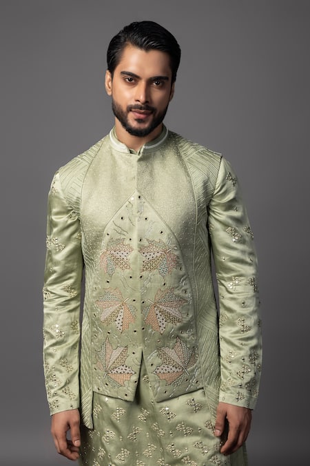 Buy_PAARSH_Green Linen, Satin Embroidery, Cut Work, Asymmetric Maple Leaf Bundi Set _Online_at_Aza_Fashions