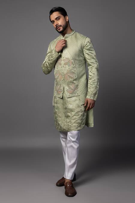 Shop_PAARSH_Green Linen, Satin Embroidery, Cut Work, Asymmetric Maple Leaf Bundi Set _Online_at_Aza_Fashions