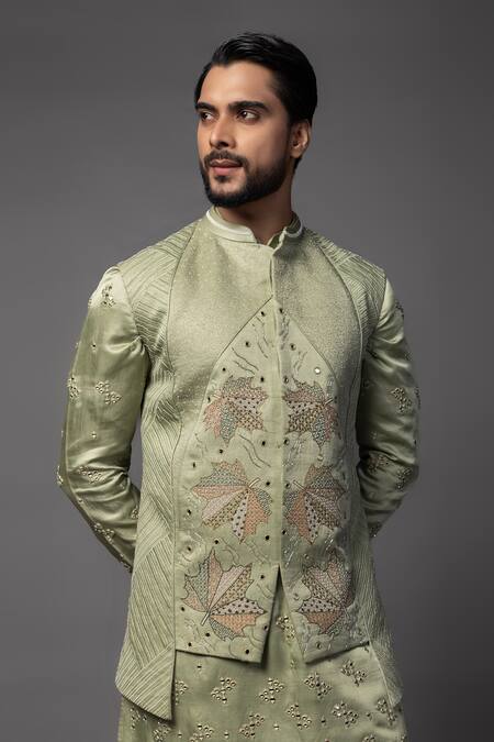 PAARSH_Green Linen, Satin Embroidery, Cut Work, Asymmetric Maple Leaf Bundi Set _at_Aza_Fashions