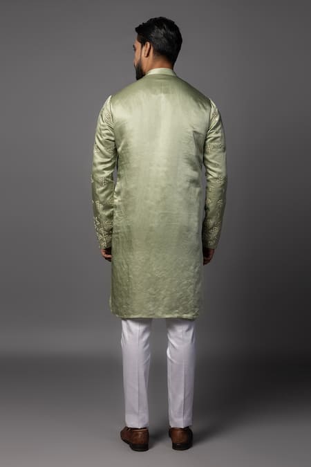 Shop_PAARSH_Green Linen, Satin Mirrors Mint Embroidered Kurta Set _at_Aza_Fashions