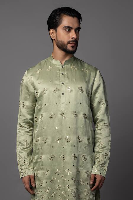 PAARSH_Green Linen, Satin Mirrors Mint Embroidered Kurta Set _Online_at_Aza_Fashions