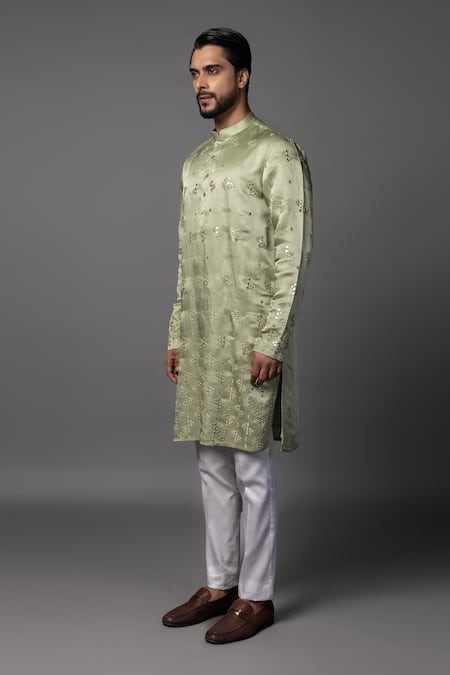 Buy_PAARSH_Green Linen, Satin Mirrors Mint Embroidered Kurta Set _Online_at_Aza_Fashions
