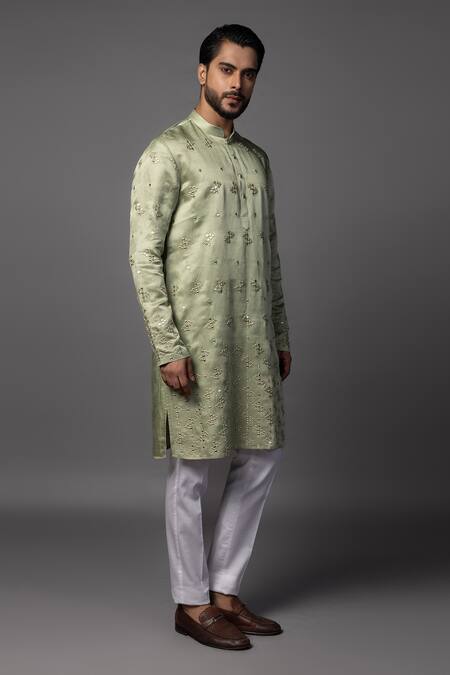 Shop_PAARSH_Green Linen, Satin Mirrors Mint Embroidered Kurta Set _Online_at_Aza_Fashions