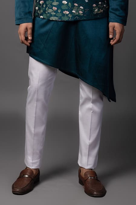 PAARSH_Blue Bamboo, Linen, Satin, Cotton Cut Work, Shiv Parvati Bundi Kurta Set _Online_at_Aza_Fashions