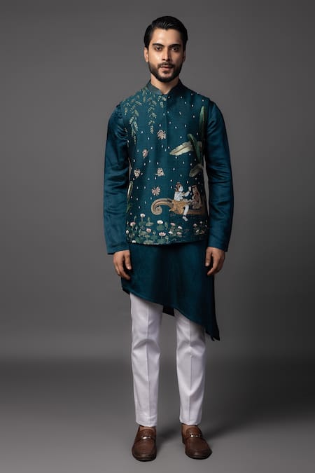 Buy_PAARSH_Blue Bamboo, Linen, Satin, Cotton Cut Work, Shiv Parvati Bundi Kurta Set _Online_at_Aza_Fashions
