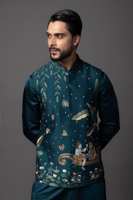 Shop_PAARSH_Blue Bamboo, Linen, Satin, Cotton Cut Work, Shiv Parvati Bundi Kurta Set _Online_at_Aza_Fashions