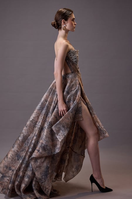 Buy_Cedar & Pine_Beige Organza, Tulle Beads, Pearls Asymmetric Fish Scale Gown _Online_at_Aza_Fashions