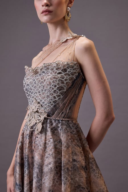 Shop_Cedar & Pine_Beige Organza, Tulle Beads, Pearls Asymmetric Fish Scale Gown _Online_at_Aza_Fashions