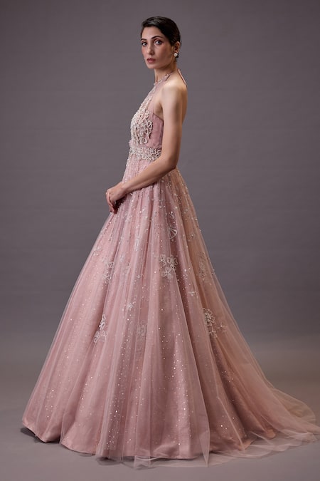 Cedar & Pine_Pink Tulle Cut Work Halter Neck Soft Floral Embroidered Gown _Online_at_Aza_Fashions