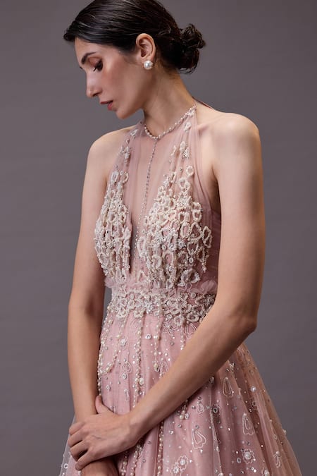Buy_Cedar & Pine_Pink Tulle Cut Work Halter Neck Soft Floral Embroidered Gown _Online_at_Aza_Fashions