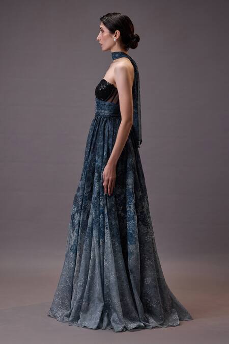 Cedar & Pine_Blue Organza, Tulle Sequins, Embroidery Sweetheart Neck Ink Blossom Gown _Online_at_Aza_Fashions
