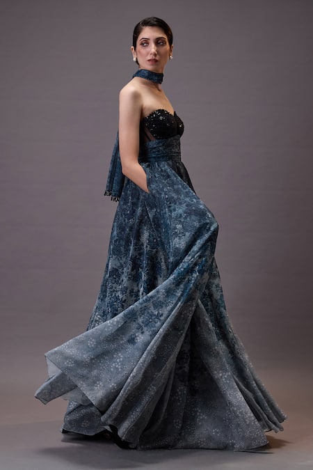 Buy_Cedar & Pine_Blue Organza, Tulle Sequins, Embroidery Sweetheart Neck Ink Blossom Gown _Online_at_Aza_Fashions