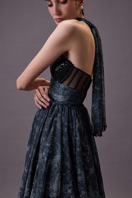 Shop_Cedar & Pine_Blue Organza, Tulle Sequins, Embroidery Sweetheart Neck Ink Blossom Gown _Online_at_Aza_Fashions