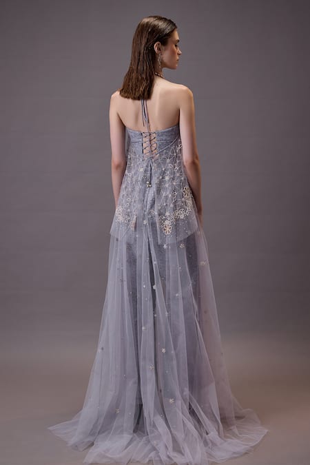 Cedar & Pine Floral Embroidered Gown & Halter Top Set 