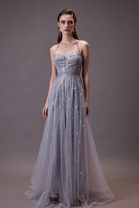 Cedar & Pine_Gray Tulle, Georgette Sequins, Beads Floral Embroidered Gown And Top Set _Online_at_Aza_Fashions