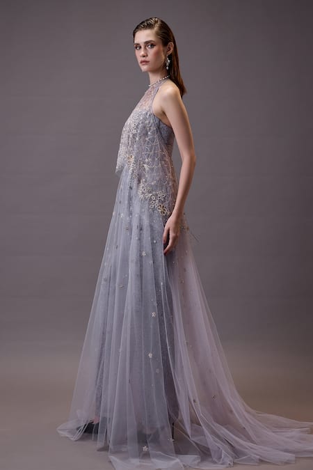 Buy_Cedar & Pine_Gray Tulle, Georgette Sequins, Beads Floral Embroidered Gown And Top Set _Online_at_Aza_Fashions