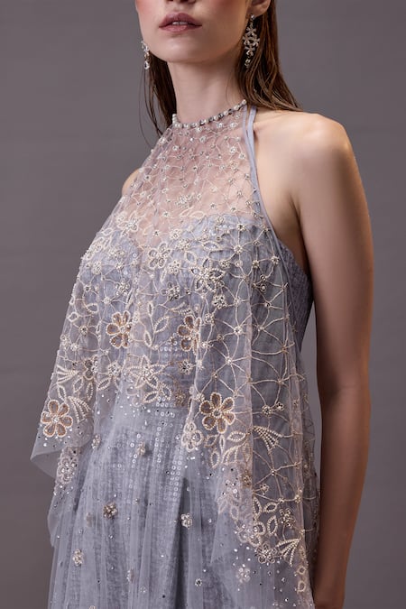Shop_Cedar & Pine_Gray Tulle, Georgette Sequins, Beads Floral Embroidered Gown And Top Set _Online_at_Aza_Fashions