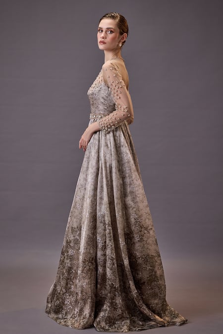 Cedar & Pine_Beige Organza, Tulle Pearls, Stones High Neck Floral Vine Embroidered Gown _Online_at_Aza_Fashions