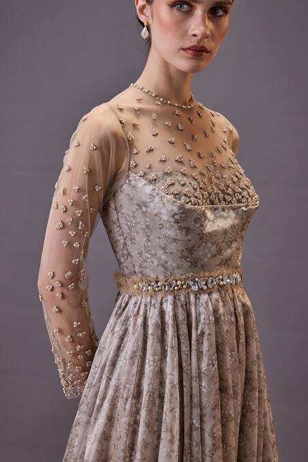 Buy_Cedar & Pine_Beige Organza, Tulle Pearls, Stones High Neck Floral Vine Embroidered Gown _Online_at_Aza_Fashions