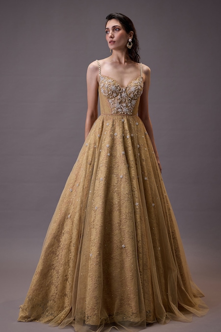 Cedar & Pine Gold Tulle Cut Work, Pearls Sweetheart Neck Floral Embroidered Gown 