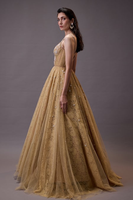 Cedar & Pine Floral Embroidered Gold Gown 