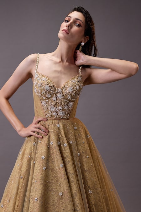 Cedar & Pine Gold Tulle Cut Work, Pearls Sweetheart Neck Floral Embroidered Gown Online at Aza Fashions Cedar & Pine_Gold Tulle Cut Work, Pearls Sweetheart Neck Floral Embroidered Gown _Online_at_Aza_Fashions