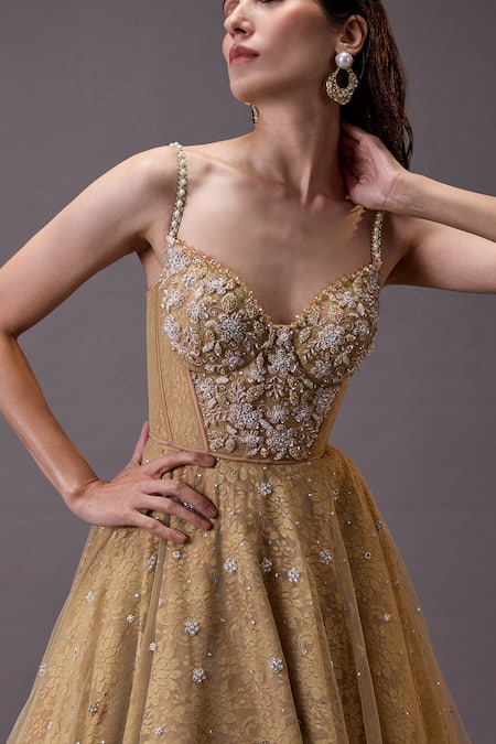 Buy Cedar & Pine Gold Tulle Cut Work, Pearls Sweetheart Neck Floral Embroidered Gown Online at Aza Fashions Buy_Cedar & Pine_Gold Tulle Cut Work, Pearls Sweetheart Neck Floral Embroidered Gown _Online_at_Aza_Fashions