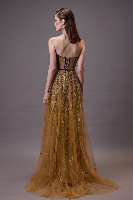 Cedar & Pine Gold Floral Embroidered Tulle Gown 