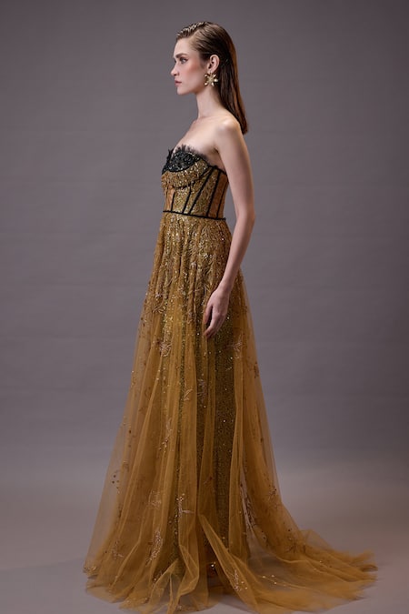 Cedar & Pine Gold Tulle Sequins, Beads Sweetheart Neck Floral Embroidered Gown Online at Aza Fashions Cedar & Pine_Gold Tulle Sequins, Beads Sweetheart Neck Floral Embroidered Gown _Online_at_Aza_Fashions