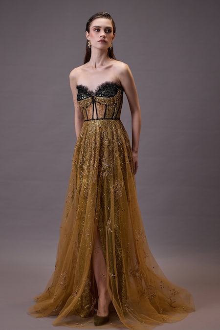 Buy Cedar & Pine Gold Tulle Sequins, Beads Sweetheart Neck Floral Embroidered Gown Online at Aza Fashions Buy_Cedar & Pine_Gold Tulle Sequins, Beads Sweetheart Neck Floral Embroidered Gown _Online_at_Aza_Fashions