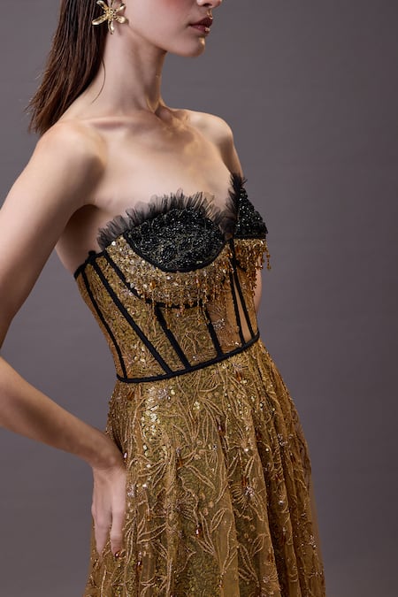 Shop Cedar & Pine Gold Tulle Sequins, Beads Sweetheart Neck Floral Embroidered Gown Online at Aza Fashions Shop_Cedar & Pine_Gold Tulle Sequins, Beads Sweetheart Neck Floral Embroidered Gown _Online_at_Aza_Fashions