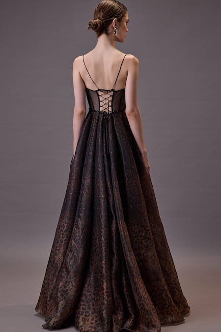 Shop_Cedar & Pine_Brown Organza, Tulle Cut Work Sweetheart Neck Ophidian Animal Printed Gown _at_Aza_Fashions