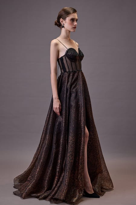 Cedar & Pine_Brown Organza, Tulle Cut Work Sweetheart Neck Ophidian Animal Printed Gown _Online_at_Aza_Fashions