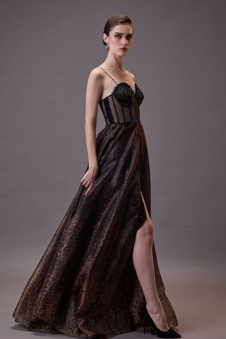 Buy_Cedar & Pine_Brown Organza, Tulle Cut Work Sweetheart Neck Ophidian Animal Printed Gown _Online_at_Aza_Fashions