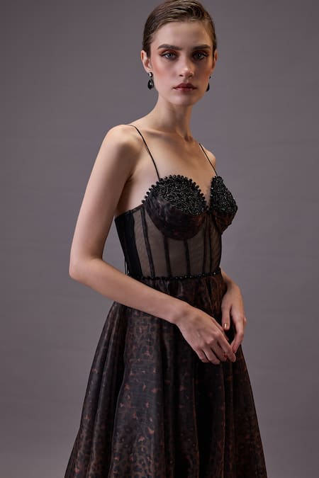 Shop_Cedar & Pine_Brown Organza, Tulle Cut Work Sweetheart Neck Ophidian Animal Printed Gown _Online_at_Aza_Fashions
